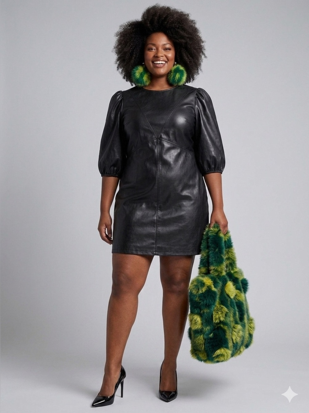 H&M Plus Size Black Vegan Leather Puff-Sleeve Mini Dress